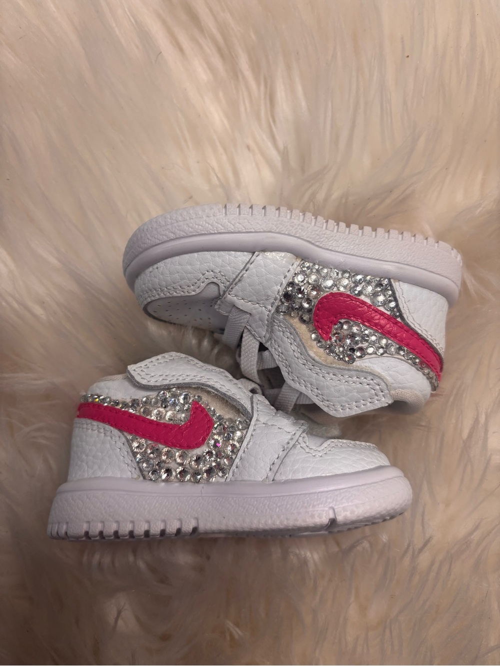 Jordan White Kids Sneakers with Pink Swoosh and Rhinestones